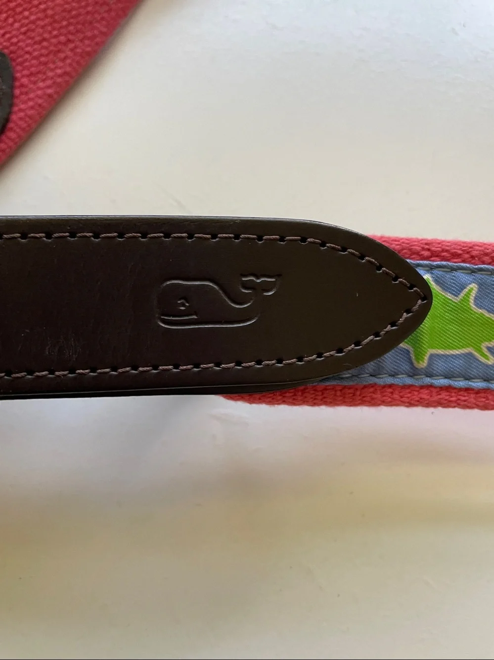 Shark Canvas Leather Trim Belt Blue Fishing Preppy Sz 42 Golf Vineyard Vines